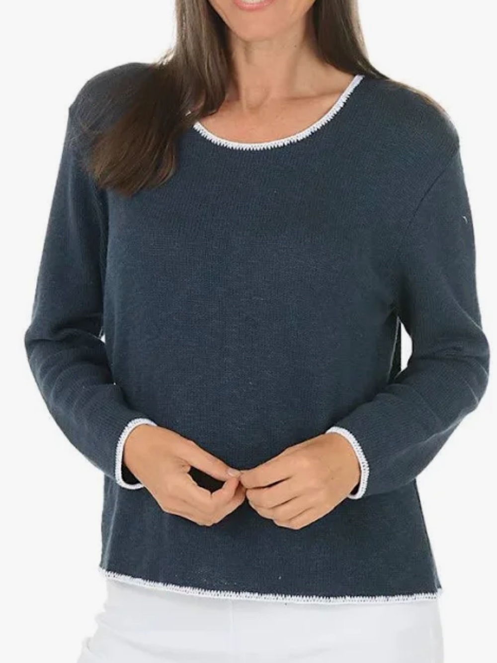 Avalon Dark Teal Crewneck Sweater with White Trim 100% cotton